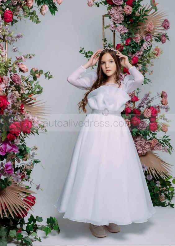 Long Sleeves White Organza V Back Flower Girl Dress